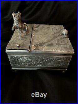 Antique Rogers & Bro. Silver Plate Figural Dog Glass Eyes Cigar Box Humidor
