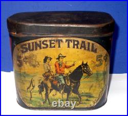 Antique Sunset Trail Cigar Humidor Tin Litho Tobacco Can Barnesville Oh. Rare