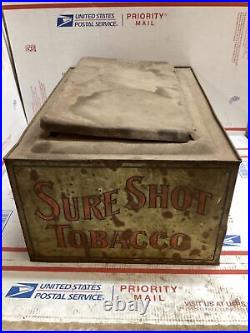 Antique Sure Shot Tin Tobacco advertising Cigar Humidor Primitive Indian Cowboy