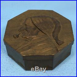 Antique Swiss Black Forest Wood Carving HUMIDOR BOX Man Smoking Pipe Relief