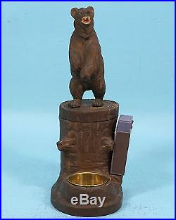 Antique Swiss Black Forest Wood Carving Humidor Standing Bear Glass Eyes c1900