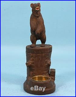 Antique Swiss Black Forest Wood Carving Humidor Standing Bear Glass Eyes c1900
