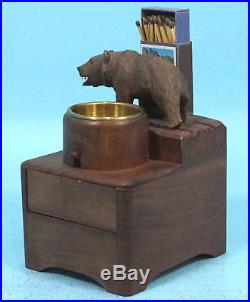 Antique Swiss Black Forest Wood Pipe-Tobacco Humidor Music Box Bear Brienz c1920