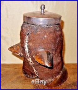 Antique Taxidermy Buffalo Hoof Tobacco Jar Humidor Silver Plate Lid Scoop