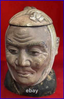 Antique Terra Cotta Pipe Humidor Tobacco Jar, Asian Figural Head