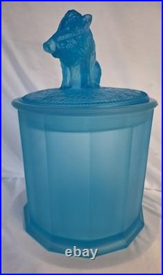 Antique Tiffin Glass Wild Boar Tobacco Humidor Aqua Blue