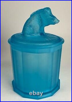 Antique Tiffin frosted blue glass figural Boar finial tobacco jar cigar humidor