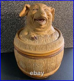 Antique Tobacco Humidor Jar Smiling Happy PIG In Barrel JOHANN MARESCH JM 3540