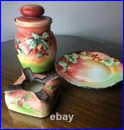 Antique Tobacco Jar Ashtray and Plate Hand Painted Set Bavarian Porcelain