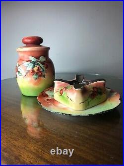 Antique Tobacco Jar Ashtray and Plate Hand Painted Set Bavarian Porcelain