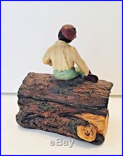 Antique Tobacco Jar Of Wonderful Young Man On A Log Holding A Turtle Jm 3351