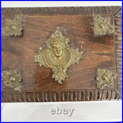 Antique Victorian Cigar Humidor Box Figural Brass Hardware L 7