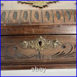 Antique Victorian Cigar Humidor Box Figural Brass Hardware L 7
