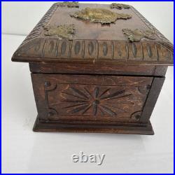 Antique Victorian Cigar Humidor Box Figural Brass Hardware L 7