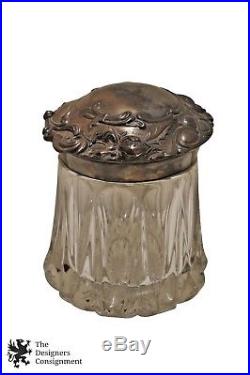 Antique Victorian Cut Glass Tobacco Humidor Sterling Repousse Storage Cigar Jar