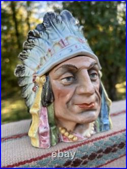 Antique Vintage Headdress Indian Chief Native American Cigar Humidor Tobacco Jar