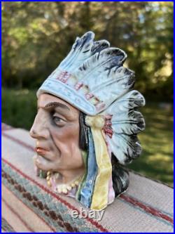 Antique Vintage Headdress Indian Chief Native American Cigar Humidor Tobacco Jar