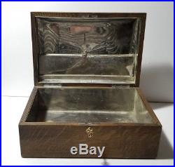 Antique Vintage Wood Oak Tobacco Cigar Humidor Box Case with Metal Lining & Key
