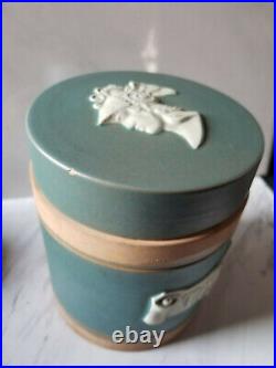 Antique Vntg Art Deco French Jade Terracotta Cameo Ceramic Tobacco Jar Humidor