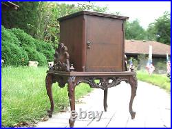 Antique Walnut Humidor Copper Line Storage Carve Wood Base Inlay Dr. Brass Hdw