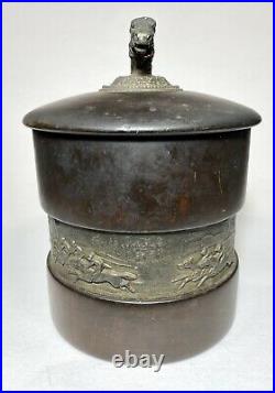 Antique Wood And Bronze Repousse Racehorse Tobacco Humidor Jar Barrel 8 Tall