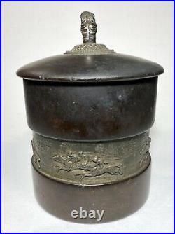Antique Wood And Bronze Repousse Racehorse Tobacco Humidor Jar Barrel 8 Tall