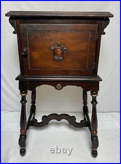 Antique Wood Humidor Cabinet Smoking Stand Mahogany Copper Lined Shield Crest