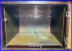 Antique Wood Humidor Cabinet Smoking Stand Mahogany Copper Lined Shield Crest