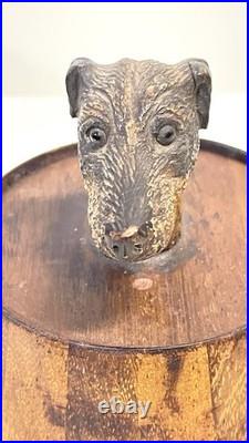 Antique Wood Tobacco Humidor England Franklin & Simon Co NY Dog Head Glass Eyes