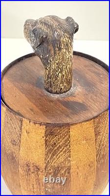 Antique Wood Tobacco Humidor England Franklin & Simon Co NY Dog Head Glass Eyes