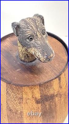 Antique Wood Tobacco Humidor England Franklin & Simon Co NY Dog Head Glass Eyes