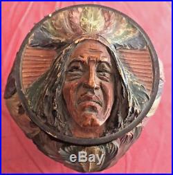 Antique Wooden Hand Carved Tobacco Jar Native Faces Humidor Rare