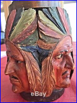 Antique Wooden Hand Carved Tobacco Jar Native Faces Humidor Rare