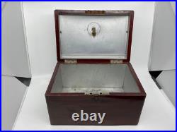 Antique Wooden Metal Lined Humidor Cigar Box 12 x 8 x 7. Missing key & Lock