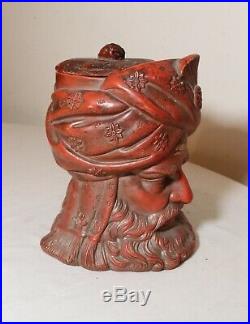 Antique figural Arabian painted terra-cotta pottery tobacco lidded jar humidor