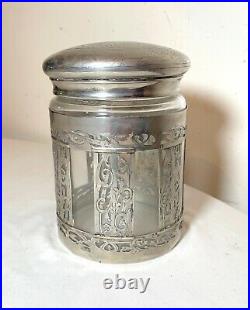 Antique hand engraved silverplate brass lidded tobacco humidor jar box container