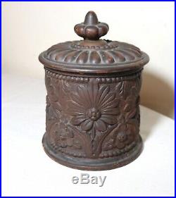 Antique handmade 1800's ornate painted terracotta tobacco lidded jar humidor