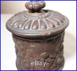 Antique handmade 1800's ornate painted terracotta tobacco lidded jar humidor