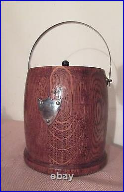 Antique handmade English wood silver-plate porcelain tobacco jar humidor box