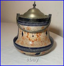 Antique nickel-plate pottery tobacco humidor painted Japanese Imari biscuit jar