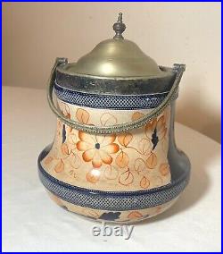 Antique nickel-plate pottery tobacco humidor painted Japanese Imari biscuit jar