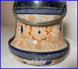 Antique nickel-plate pottery tobacco humidor painted Japanese Imari biscuit jar