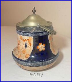 Antique nickel-plate pottery tobacco humidor painted Japanese Imari biscuit jar