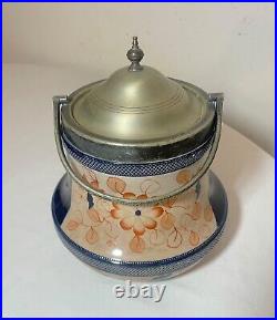 Antique nickel-plate pottery tobacco humidor painted Japanese Imari biscuit jar