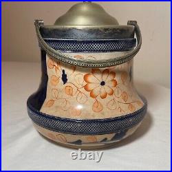 Antique nickel-plate pottery tobacco humidor painted Japanese Imari biscuit jar