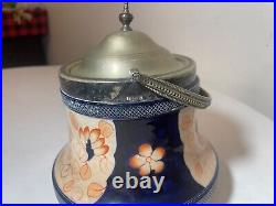 Antique nickel-plate pottery tobacco humidor painted Japanese Imari biscuit jar