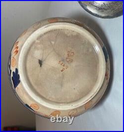 Antique nickel-plate pottery tobacco humidor painted Japanese Imari biscuit jar