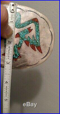 Antique old pawn Navajo 4.25 Sterling silver Thunderbird belt buckle turquoise