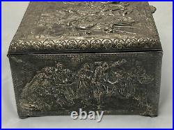 Antique ornate silver plate brass Dutch figural dresser cigar humidor? Vanity box