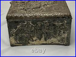 Antique ornate silver plate brass Dutch figural dresser cigar humidor? Vanity box